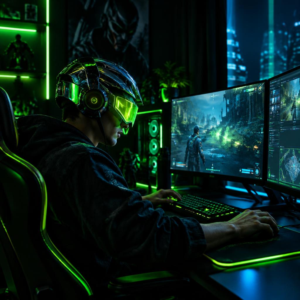 Gaming scholar at a neon-lit battlestation